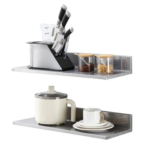 Miniatura 12 de VEVOR Estante de pared de acero inoxidable, 8.6 x 16 pulgadas, paquete de 2 con protector contra salpicaduras, soporta 44 libras, ideal para cocina