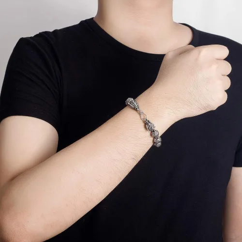 Miniatura 3 de Dankadi Pulsera de plata vintage para hombre, pulsera creativa de plata de ley 925 con dragón de 0.433 in, cadena de cuentas de 7-8-9-10 pulgadas