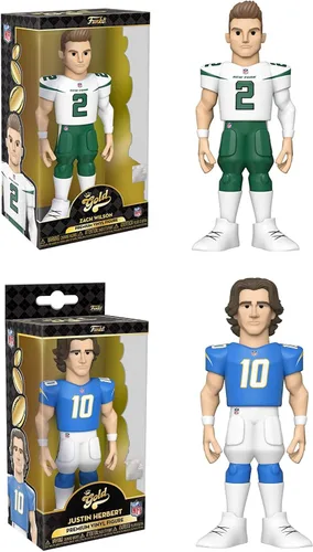 Paquete de figuras de fútbol de Tackle Funko Pop Gold Bundle: Jugadores de equipo Zach Wilson New York + Justin Herbert Los Angeles W/ Chance of