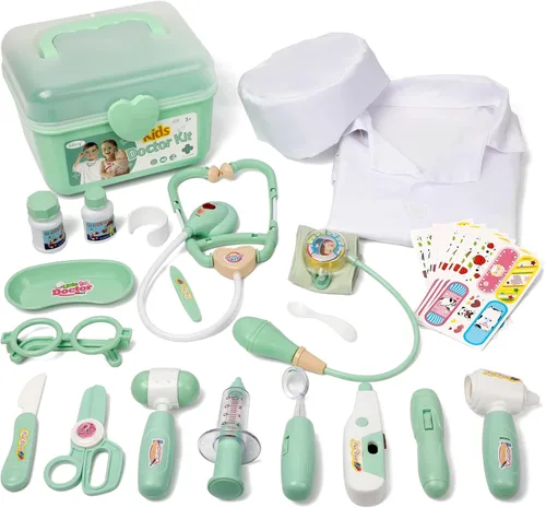 Liberry Kit médico para niños pequeños de 3, 4, 5 años, 30 piezas de juguete médico con estetoscopio, disfraz, juego médico verde, regalo de