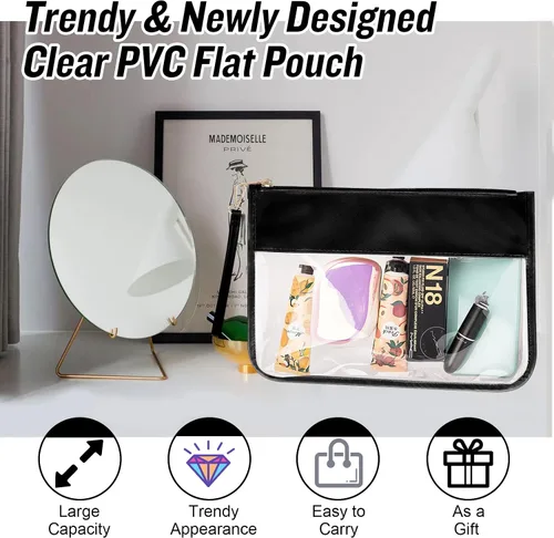 Miniatura 8 de Izuzta Bolsa plana de PVC transparente – Bolsa de maquillaje de viaje con pulsera, bolsa de letras de chenilla, bolsa de cosméticos portátil Negro