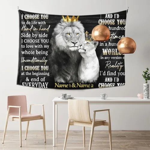 Miniatura 4 de Tapiz de rey león y reina con corona, con nombre personalizado, citas románticas en blanco y negro, con texto en inglés "I Choose You", tapiz