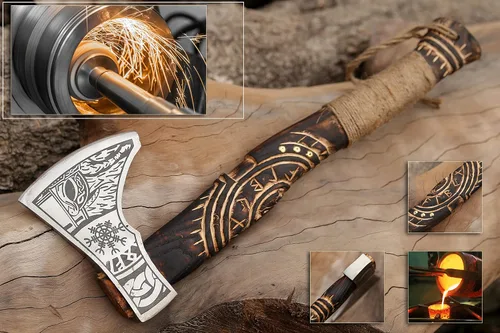 Miniatura 4 de Hacha vikinga forjada a mano de 19 pulgadas, eje de madera de rosa, hacha barbuda de acero al carbono grabada para acampar, regalo vikingo para HACA