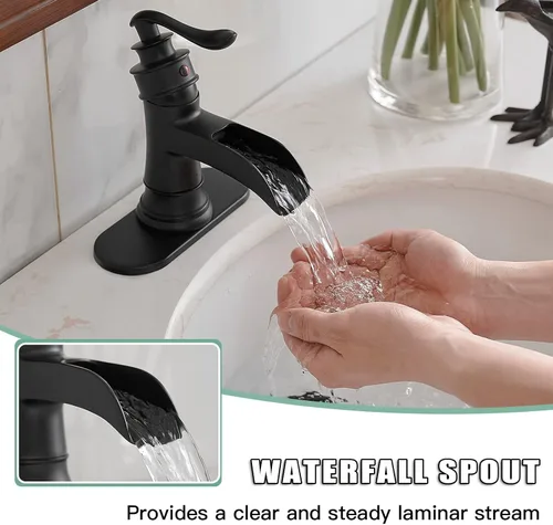 Miniatura 2 de BWE - Grifo de baño negro mate con cascada para lavabo, estilo granja, para tocador de baño, de un solo agujero, con una manija, mezclador