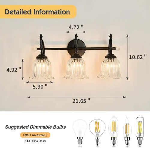 Miniatura 3 de CVKASH Accesorios de Lámpara de Tocador de Baño de 3 Luces Sobre Espejo, Lámpara de Tocador Moderna Negra con Pantalla de Vidrio, Aplique de Pared
