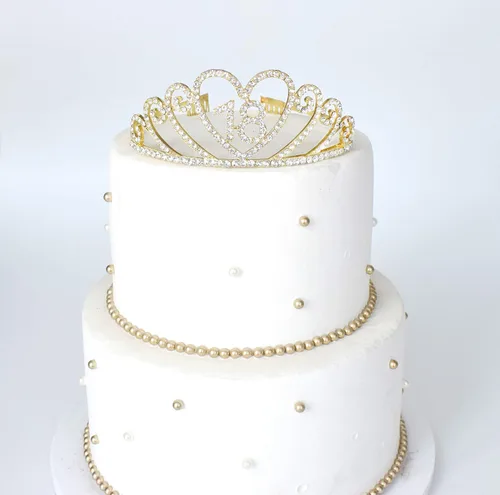 Miniatura 3 de Tiara dorada de 18 cumpleaños y banda de satén con purpurina y corona de tiara de diamantes de imitación de cristal para fiesta de cumpleaños de 18