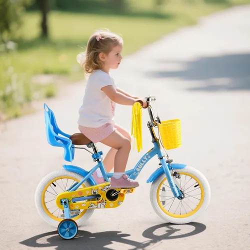 Miniatura 6 de RULLY Bicicleta para niñas de 12, 14, 16 pulgadas, con cesta de asiento de muñeca y ruedas de entrenamiento para niños de 2 a 6 años Azul