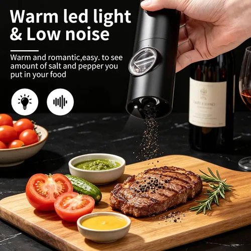 Miniatura 5 de Gulex Molinillo eléctrico de pimienta alimentado por batería, 1 paquete/2 unidades, molinillo de pimienta automático con luz LED, grosor ajustable