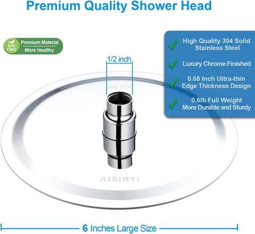 Miniatura 4 de Cabezal de ducha de lluvia de alta presión, de 6 pulgadas con reemplazo ajustable perfecto, limitador extraíble, fácil instalación para tus Acabado