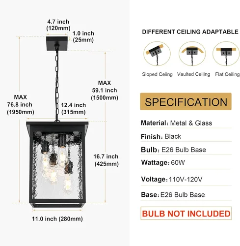 Miniatura 13 de TODOLUZ Lámpara Colgante de Exterior de 3 Luces Negra, Linterna Colgante Exterior Ajustable Luz de Porche