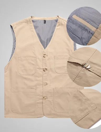 Miniatura 4 de HangNiFang Chaleco casual de algodón de mezclilla para hombre, chaleco con bolsillos para exteriores