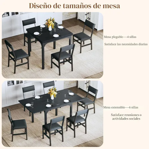 Miniatura 3 de Juego de mesa de comedor de 7 piezas para 4-6, sillas extensibles para mesa de cocina, juego de 6 con 6 sillas, mesa de comedor rectangular con Negro