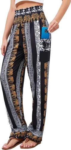 QIANXIZHAN - Pantalones deportivos de tiro alto para mujer, diseño estilo harén bohemio con bolsillos, para yoga
