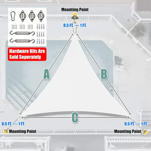 Miniatura 6 de Amgo 3.05m x 3.05m x 3.05m Parasol triangular blanco para exterior UPF50+ AGTAPT10, 95% de bloqueo UV, permeable al agua y al aire, para uso