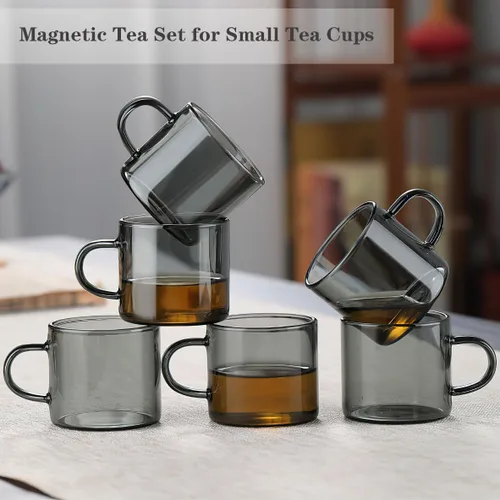 Miniatura 6 de Kung Fu - Juego de 6 tazas de té de vidrio pequeñas (4.06 onzas/4.1 fl oz) + juego de soporte en gris ahumado, decoración de utensilios de té chino