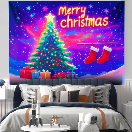 Miniatura 5 de NYZE - Tapiz de Navidad con Papá Noel, tapiz de luz negra que brilla en la oscuridad, colgante de pared, banner festivo, decoración para fiesta