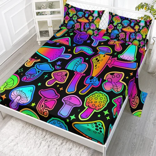 Miniatura 12 de Axolotl Juego de sábanas de gato negro de dibujos animados tamaño full, diseño de estrellas y luna impreso, ropa de cama para niños para decoración