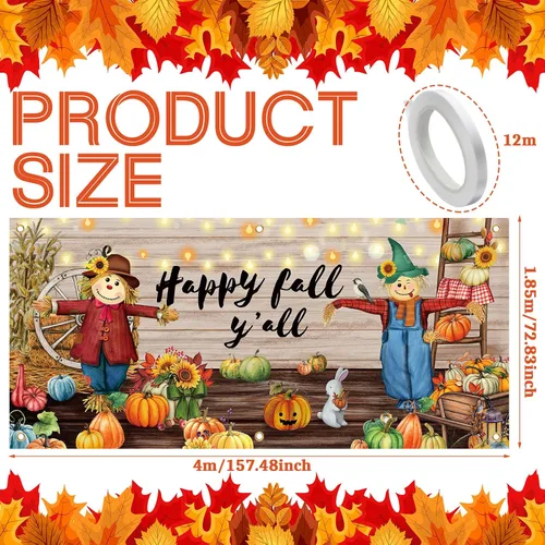 Miniatura 3 de Hosuly Pancarta decorativa de otoño para puerta de garaje de 13 x 6 pies, extra grande, telón de fondo de espantapájaros de calabaza y otoño
