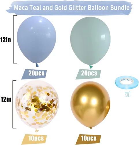Miniatura 2 de Globos azules y verdes, juego de 60 globos azul claro verde menta con confeti dorado y globos dorados metálicos, globos pasteles azul bebé verde