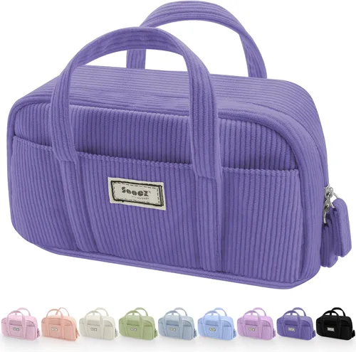 Miniatura 14 de Sooez Estuche grande para lápices, extra grande con 5 compartimentos, bolsa para bolígrafos de amplia apertura, organizador de pana suave con Beige