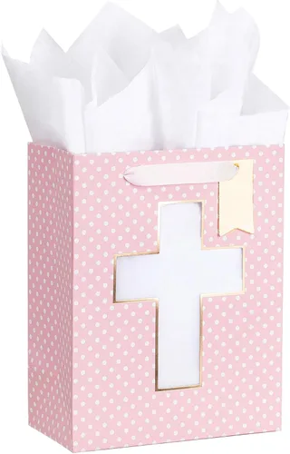 Miniatura 14 de Loveinside Bolsa de regalo azul, bolsa de regalo con diseño de cruz religiosa y puntos con papel de seda, etiqueta para bautismos de bebé, baby