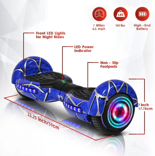 Miniatura 2 de Aeropatineta con patrón de araña para niños de 6 a 12 años, con altavoz Bluetooth y luces LED, aeropatineta de 6.5 pulgadas, certificado de Azul