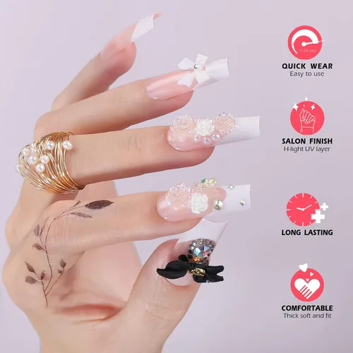 Miniatura 5 de Uñas postizas largas a presión, cuadradas, francesas, nude, rosa, lazo de lujo y diamantes de imitación de flores 3D, 24 unidades, uñas brillantes