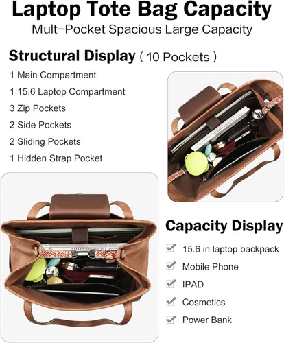 Miniatura 3 de FADEON Bolso Grande para Laptop de Cuero para Mujer, Bolso de Mano de Diseño, Mochila de Viaje a la Moda, Bolso de Hombro 1 estilo retro marrón