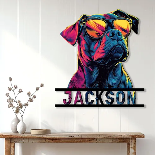 Miniatura 3 de Letrero de metal personalizado con diseño de perro Pitbull, bandera de Estados Unidos, letrero colgante para porche al aire libre, bienvenida
