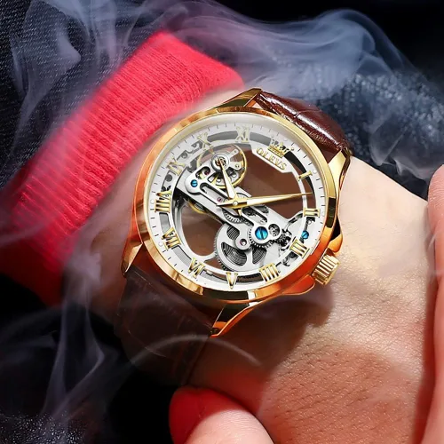 Miniatura 21 de OLEVS Relojes de esqueleto para hombre, automático, mecánico, de lujo, de cuero, impermeable, luminoso, reloj de pulsera para hombre