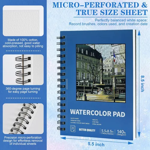 Miniatura 2 de Paquete de 3 blocs de papel de acuarela de 90 hojas de 5.5 x 8.5 pulgadas, 140 libras/300 GSM, de algodón de prensa en frío, cuaderno de bocetos