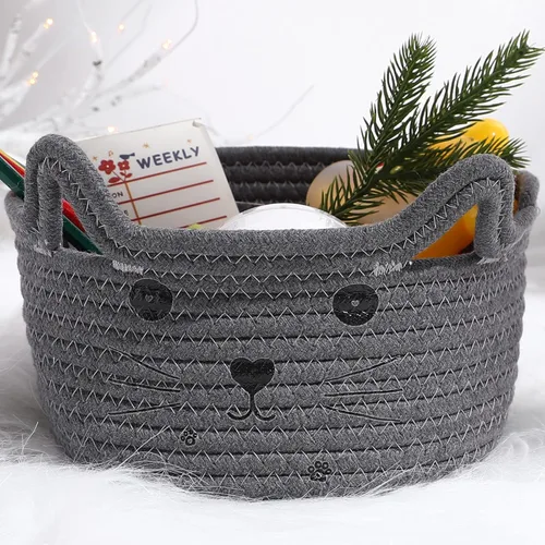 Miniatura 18 de Zopeal Cesta de almacenamiento tejida para gatos, organizador tejido con orejas, juguete decorativo de Navidad para mascotas, bonita canasta