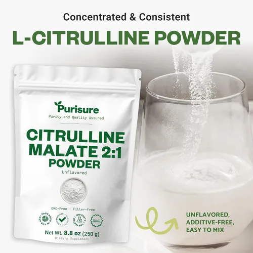 Miniatura 5 de Purisure L-Citrulina en polvo 8.82 oz, suplemento de malato de citrulina 2:1 de alta calidad para rendimiento de fuerza y energía, polvo de malato