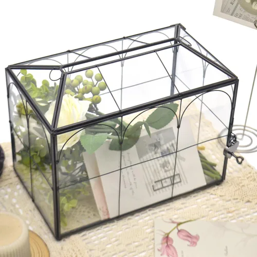 Miniatura 3 de Caja grande de tarjetas negra y de vidrio para boda con cerradura y ranura, tarjetero para sobres de boda para recepción, caja de cerradura