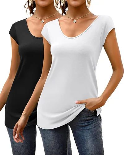 Miniatura 2 de Ficerd Paquete de 2 camisetas de manga casquillo para mujer, ajuste holgado, casual, cuello en V, básicas, elegantes, camisetas sin mangas