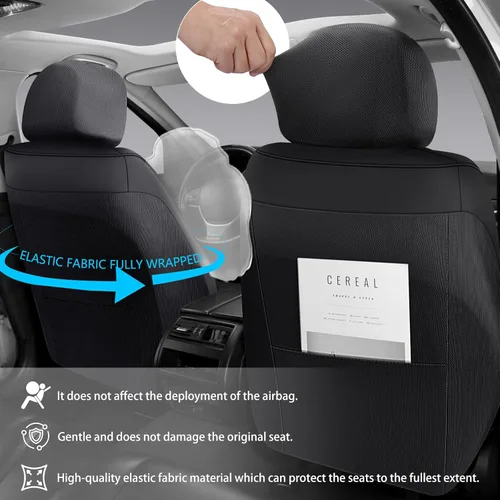 Miniatura 4 de Juego completo de fundas de asiento de automóvil de piel sintética de cobertura completa, fundas de asiento para automóviles, SUV, camionetas, Negro