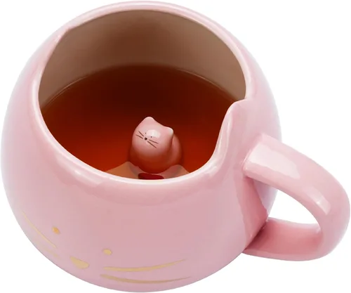 Taza de gato Koolkatkoo Lindas tazas de café de cerámica Tazas de té novedosas con animal 3D oculto en la taza para mujeres Niñas Regalos para Rosa