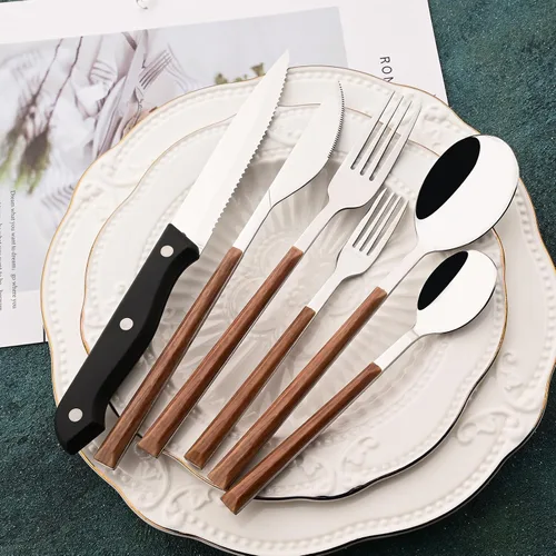 Miniatura 3 de Juego de cubiertos con cuchillos para carne, 48 piezas, juego de cubiertos para 8 cubiertos de acero inoxidable con mango de grano de madera