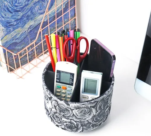 Miniatura 6 de Organizador redondo de cuero para suministros de arte, soporte para control remoto, rotación de 360 grados, soporte multifuncional para lápices, 4
