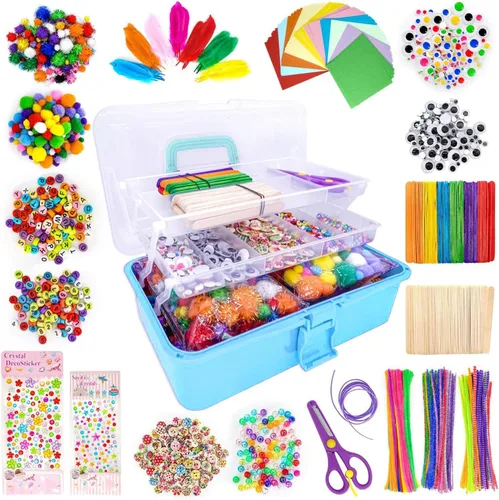 Miniatura 11 de kortes Suministros de arte y manualidades jumbo para niños, juego de suministros de arte de bricolaje incluye limpiapipas, pompones, plumas, caja