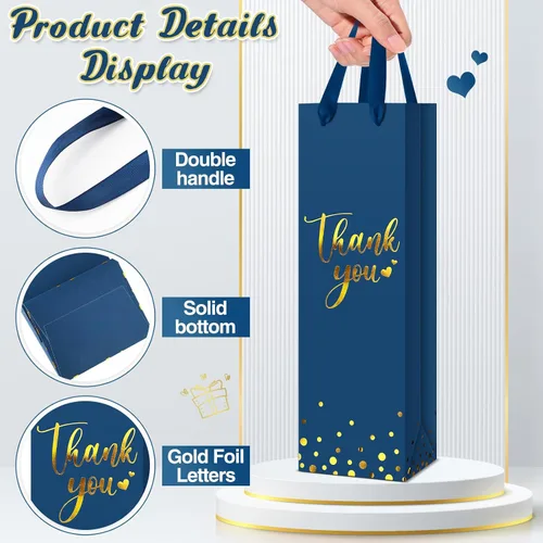 Miniatura 4 de Ctosree 30 bolsas de regalo para botellas de vino con asa de 4.3 x 3.5 x 13.7 pulgadas, bolsa de papel de licor para agradecimiento, papel de azul