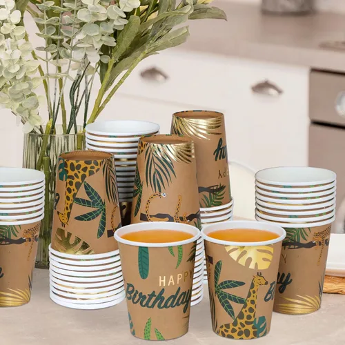 Miniatura 7 de DYLIVeS Vasos de papel de cumpleaños de animales, vasos desechables de safari en la selva, copas tropicales de verano de bosque salvaje, tazas