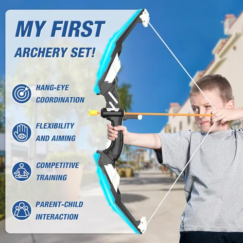 Miniatura 5 de HYES Arco y flecha para niños, juego de tiro con arco con luz LED con 12 flechas de ventosa, 1 blanco de pie, 3 blancos de puntuación y 1 carcaj