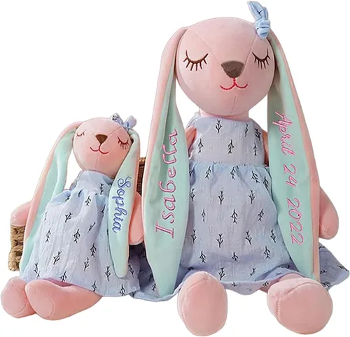 Dyoart Conejo de Pascua personalizado con nombre, juguete de peluche bordado hecho a mano, regalo de Pascua personalizado para bebés y niñas
