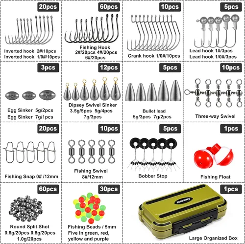 Miniatura 8 de TOPFORT Kit de 187/343 piezas de accesorios de pesca, Caja de aparejos de pesca organizada con aparejos incluidos, anzuelos de pesca, pesas de Kit