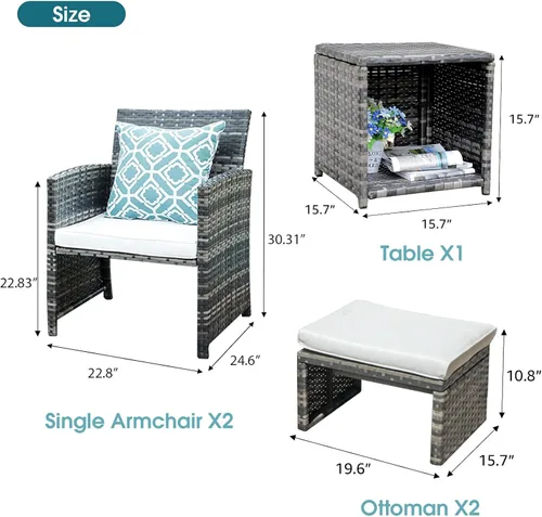 Miniatura 7 de OC Orange-Casual Juego de muebles de patio de 5 piezas, silla de mimbre para conversación al aire libre y juego otomano con mesa auxiliar, almohadas