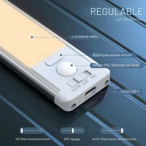 Miniatura 3 de MCGOR Iluminación bajo gabinete de 14.7 pulgadas, paquete de 2 luces recargables con sensor de movimiento para interiores, 5 niveles regulables, Luz