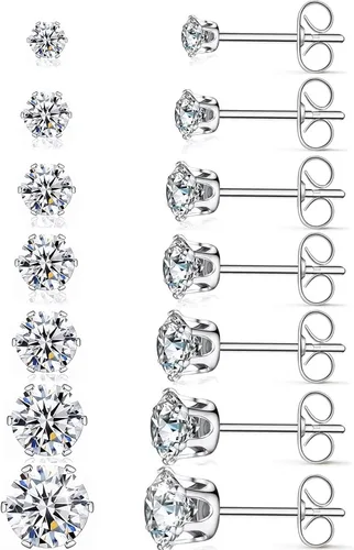 Brogtorl Juego de 7 pares de aretes tipo dormilona dorados, plateados y negros, con diamantes brillantes, hipoalergénicos, de titanio, acero
