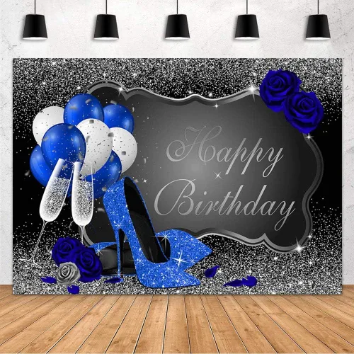 MEHOFOND Telón de fondo de cumpleaños plateado y azul con purpurina para mujer, decoración de fiesta de cumpleaños, pancarta de tacón azul real,