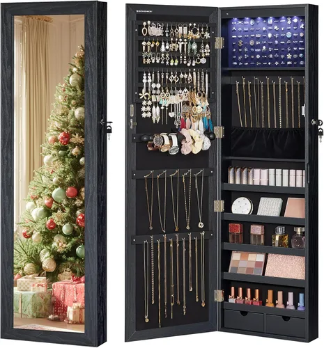 Miniatura 53 de Songmics - UJJC93W - Armario para joyas que se puede cerrar con llave, de montaje en pared o puerta, con espejo de 6 luces LED, para organización